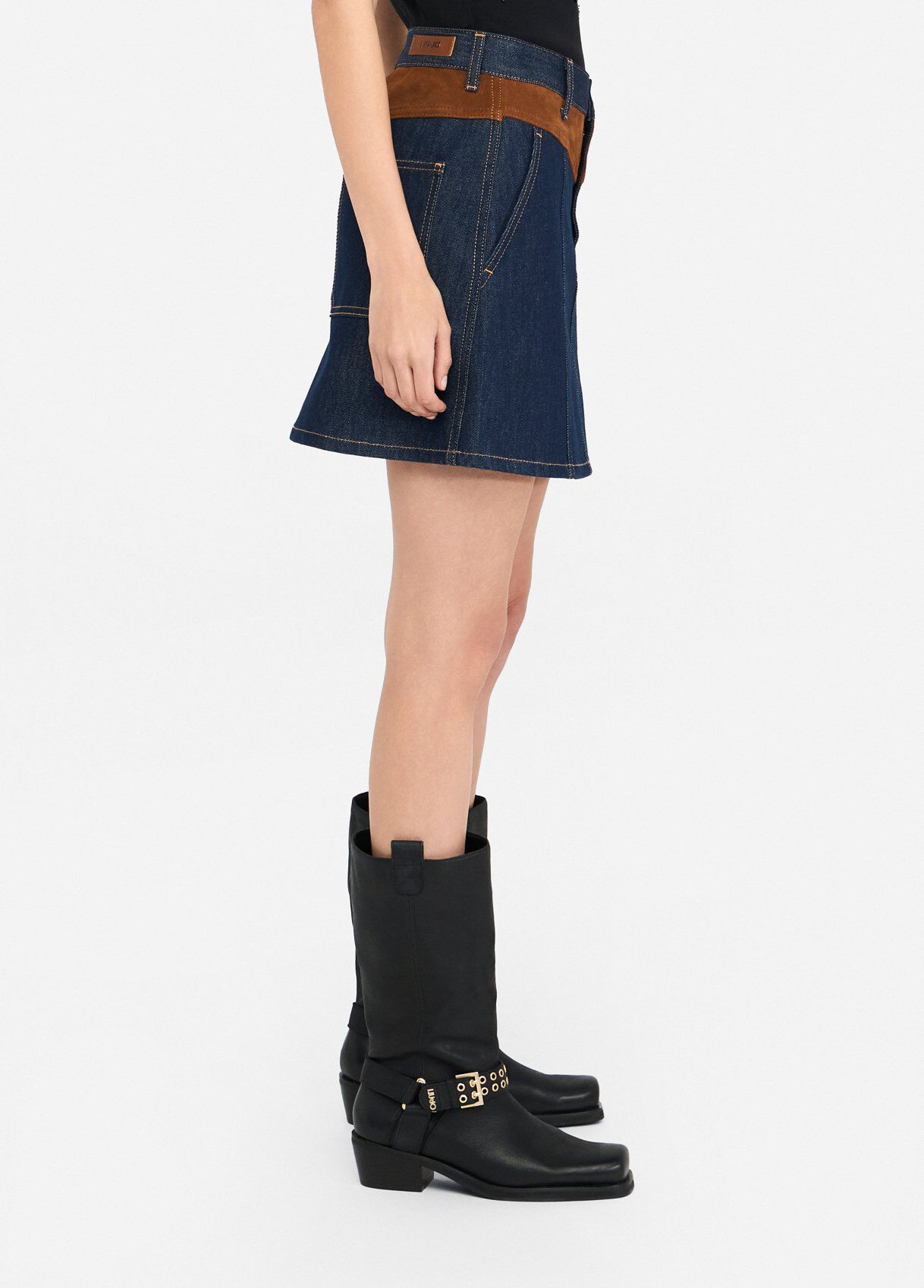 Denim mini skirt with suede insert colour classic wash | Liu Jo