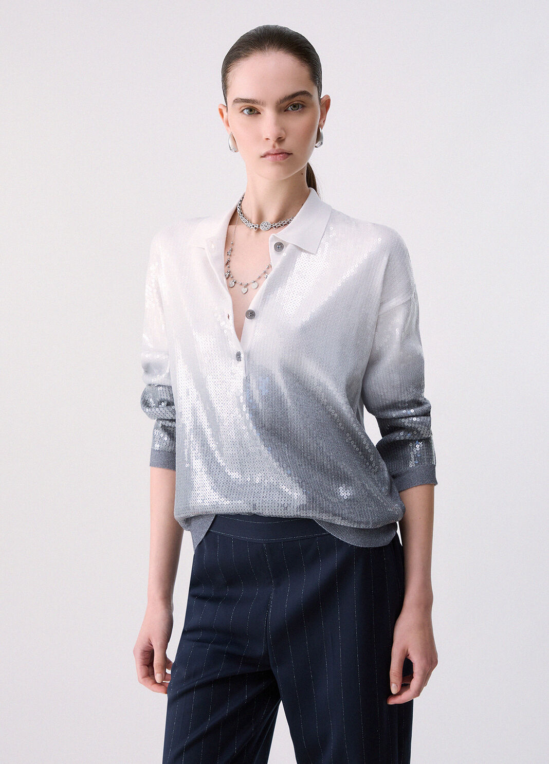Polo shirt d&eacute;grad&eacute; with sequins grey Liu Jo - large image number 0