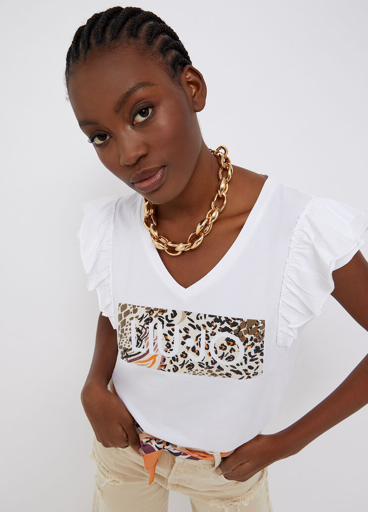 Camiseta ecosostenible con volantes blanco/estampado animal Liu Jo - large image number 2 Camiseta ecosostenible con volantes blanco/estampado animal Liu Jo - large image number 2