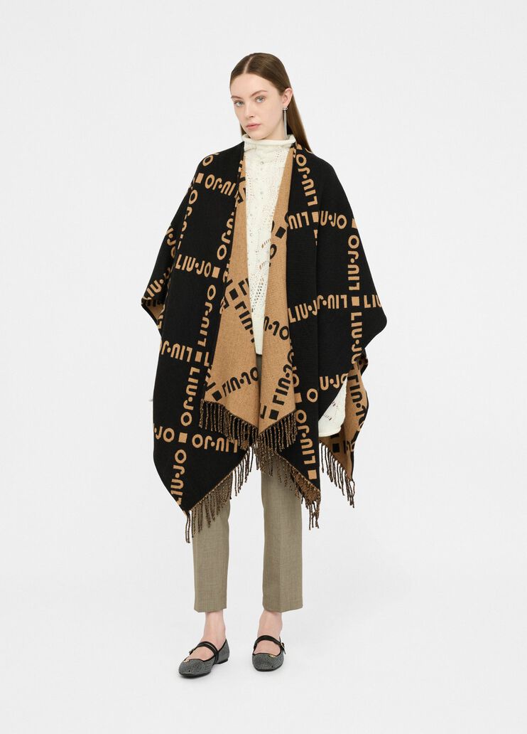 Poncho with logo and fringes black Liu Jo - medium Poncho with logo and fringes black Liu Jo - medium