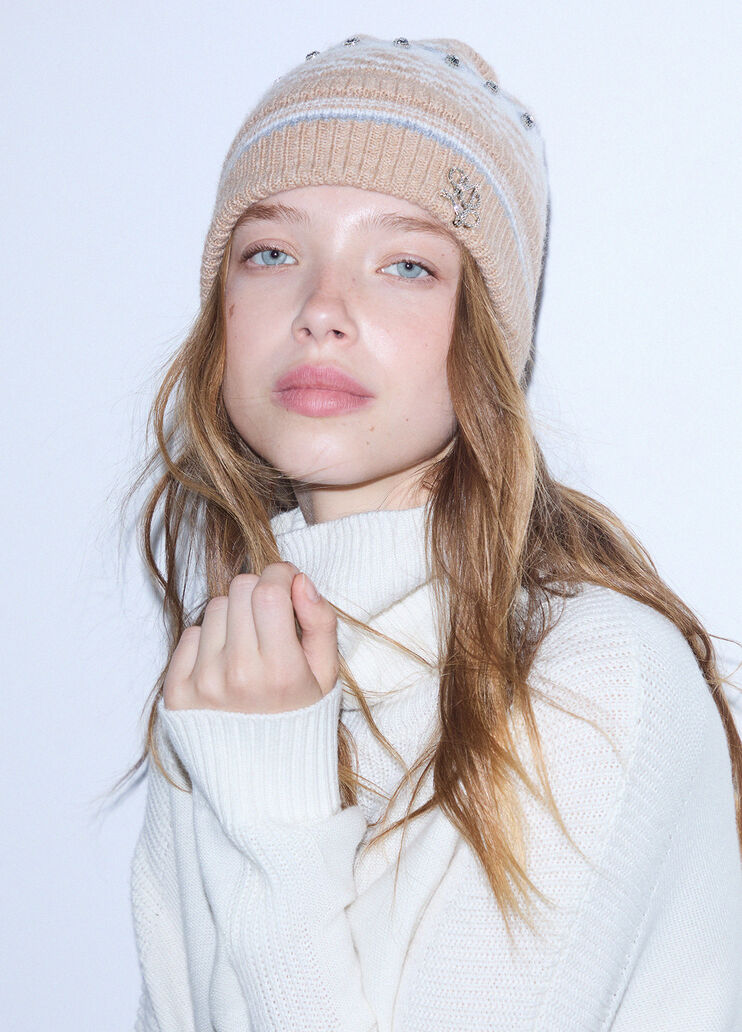 Jacquard Hat with Jewel Embroidery camel Liu Jo - medium