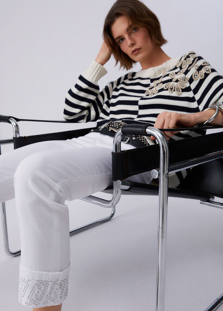 Pantal&oacute;n pitillo con vuelta y strass blanco Liu Jo - medium