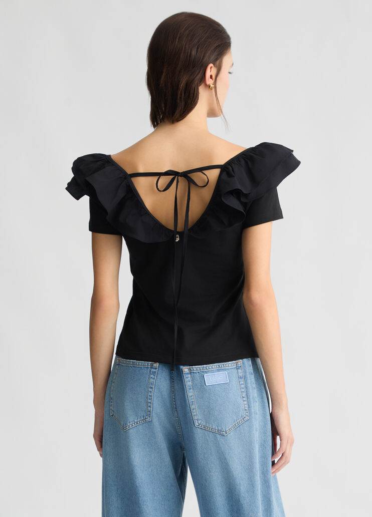 Cotton T-shirt with ruches black Liu Jo - large image number 1 Cotton T-shirt with ruches black Liu Jo - large image number 1