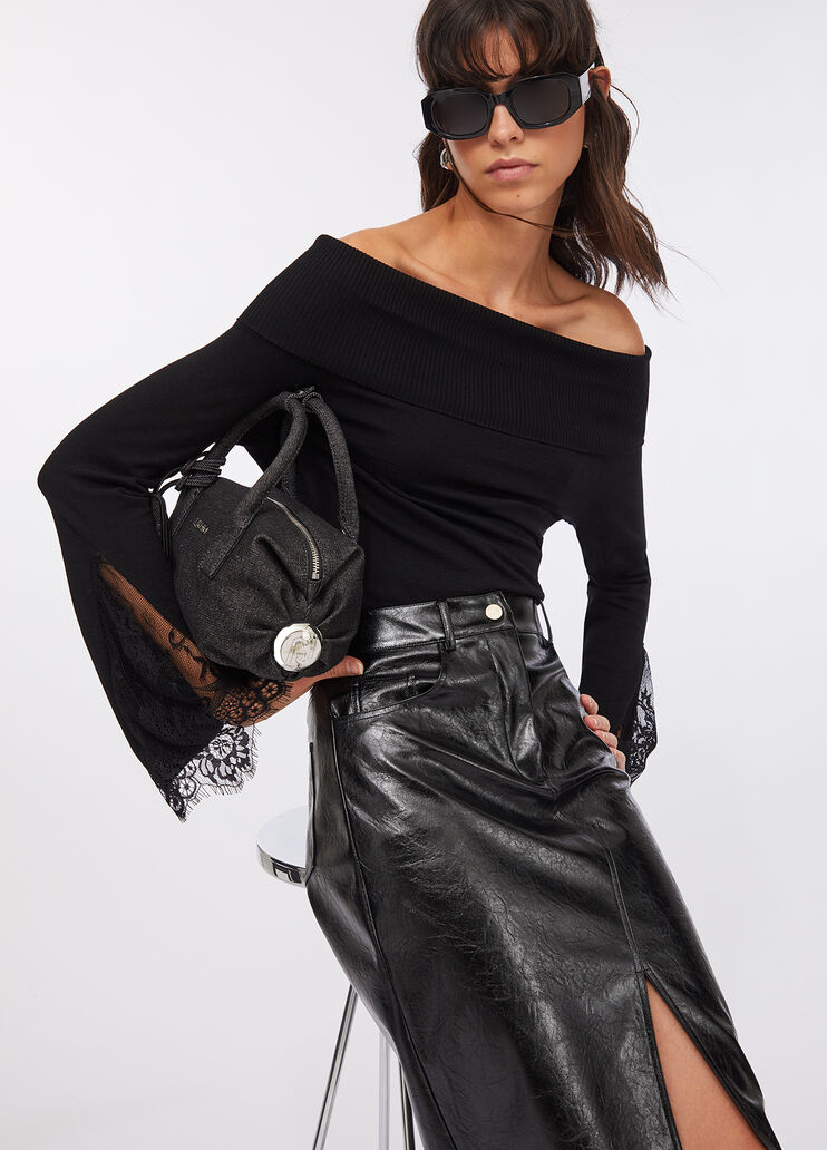 Pull à col Bardot avec dentelle noir Liu Jo - medium