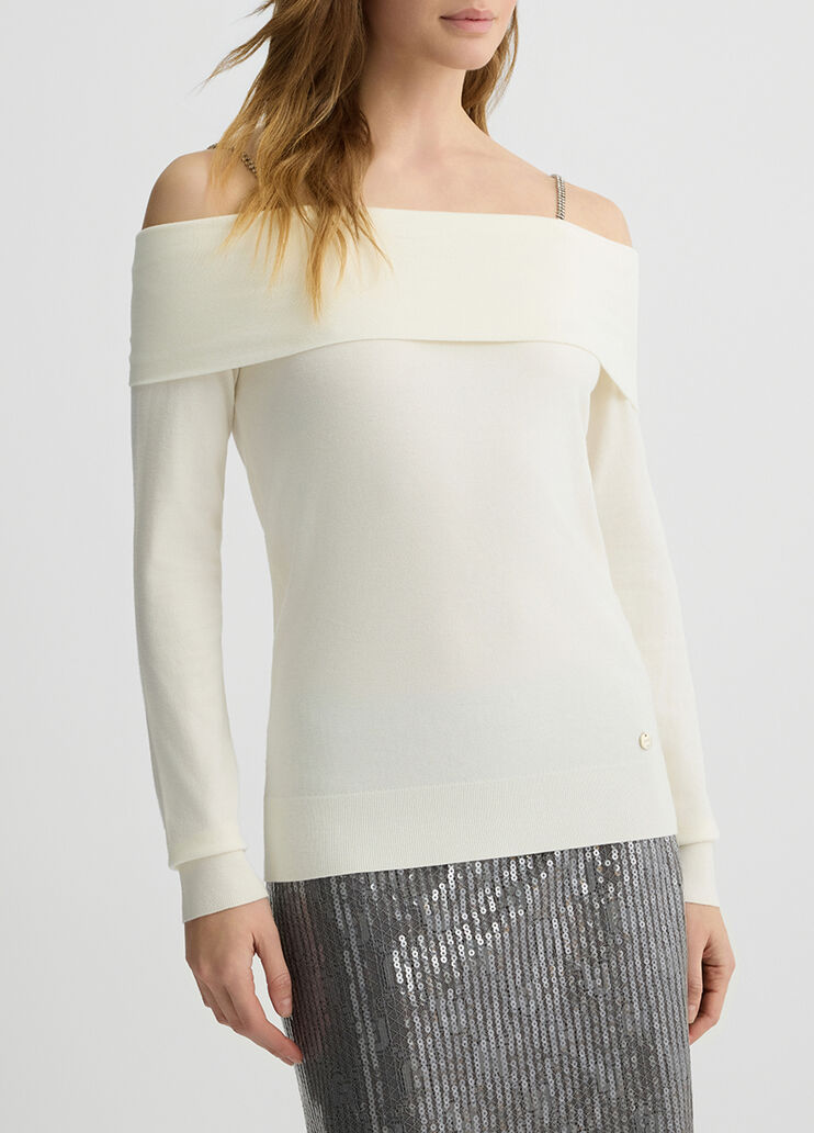 Pullover mit Carmen-Ausschnitt und Schmucksteinen Creme Liu Jo - medium Pullover mit Carmen-Ausschnitt und Schmucksteinen Creme Liu Jo - medium