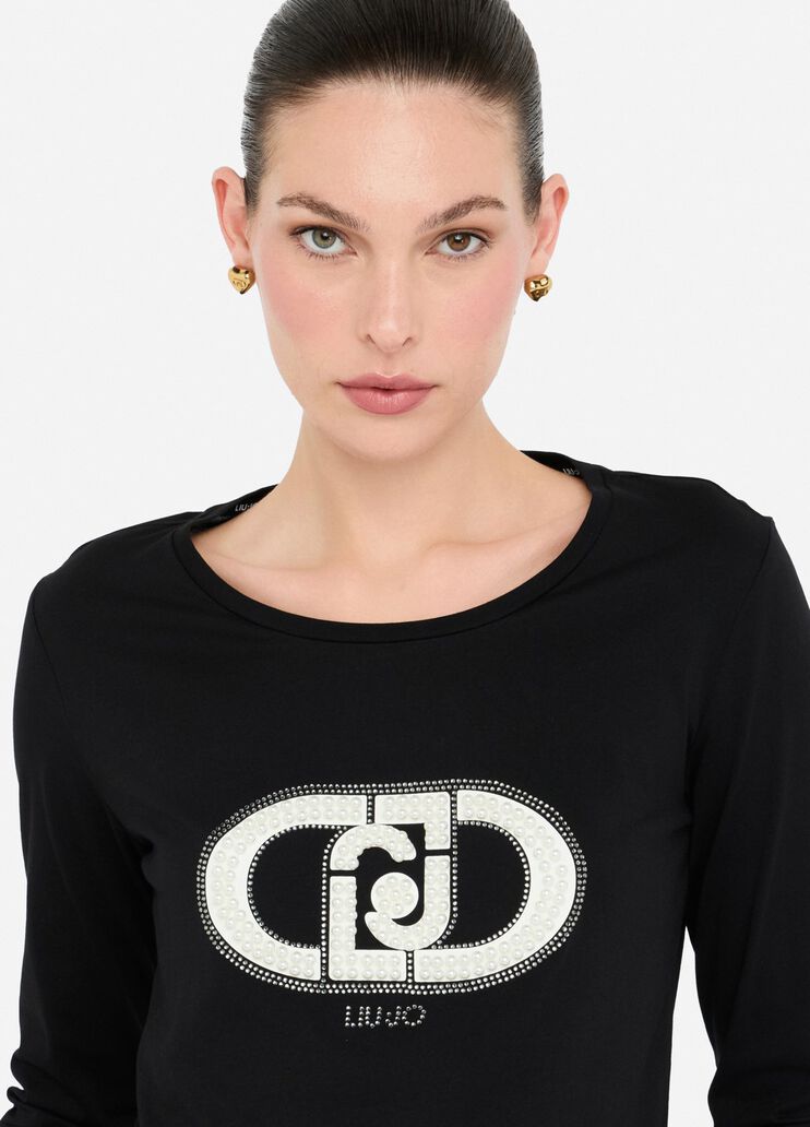 T-shirt en coton avec logo noir et monogramme Liu Jo - large image number 2