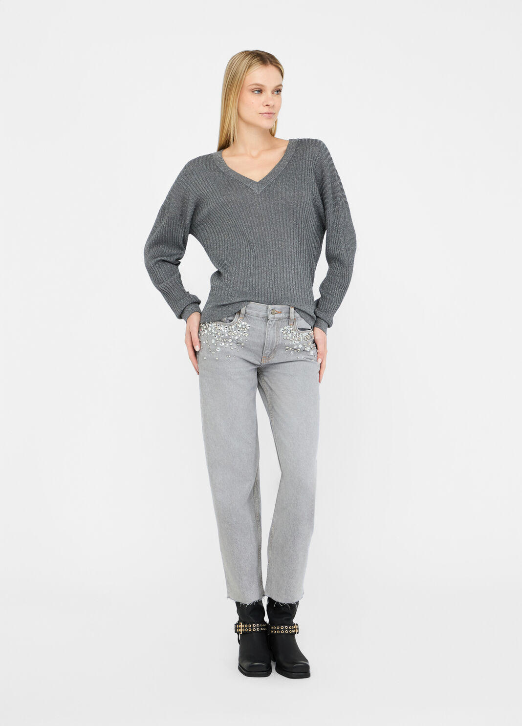 Джемпер с V-образным вырезом горловины антрацитовый Liu Jo - large image number 5