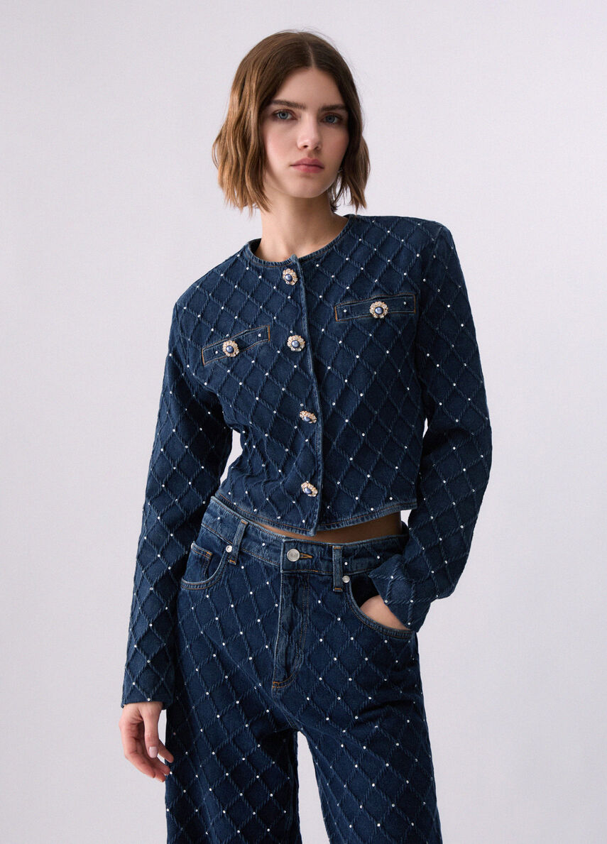 Jacket in denim quilted with rhinestones colour blue denim | Liu Jo