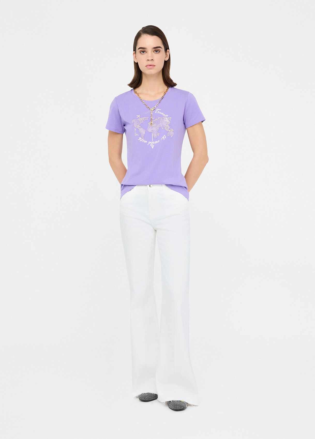 T-shirt with laminated print colour wisteria | Liu Jo T-shirt with laminated print colour wisteria | Liu Jo