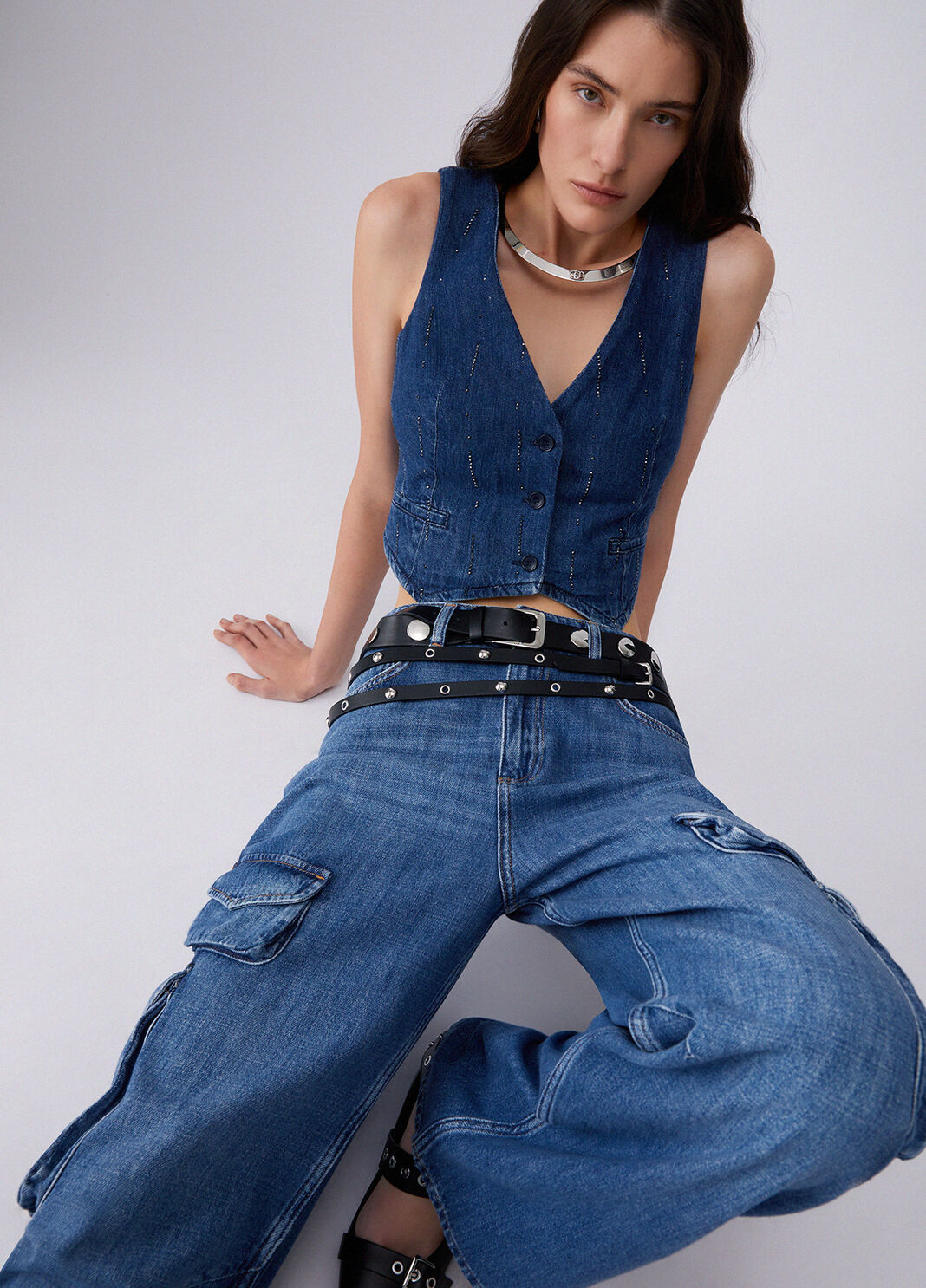 Denim waistcoat with rhinestones blue denim Liu Jo - large image number 2