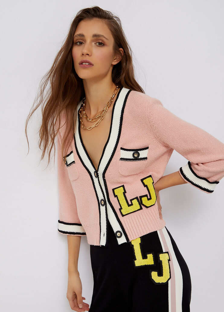 Eco-friendly college cardigan powder pink/wool white Liu Jo - large image number 0 Eco-friendly college cardigan powder pink/wool white Liu Jo - large image number 0