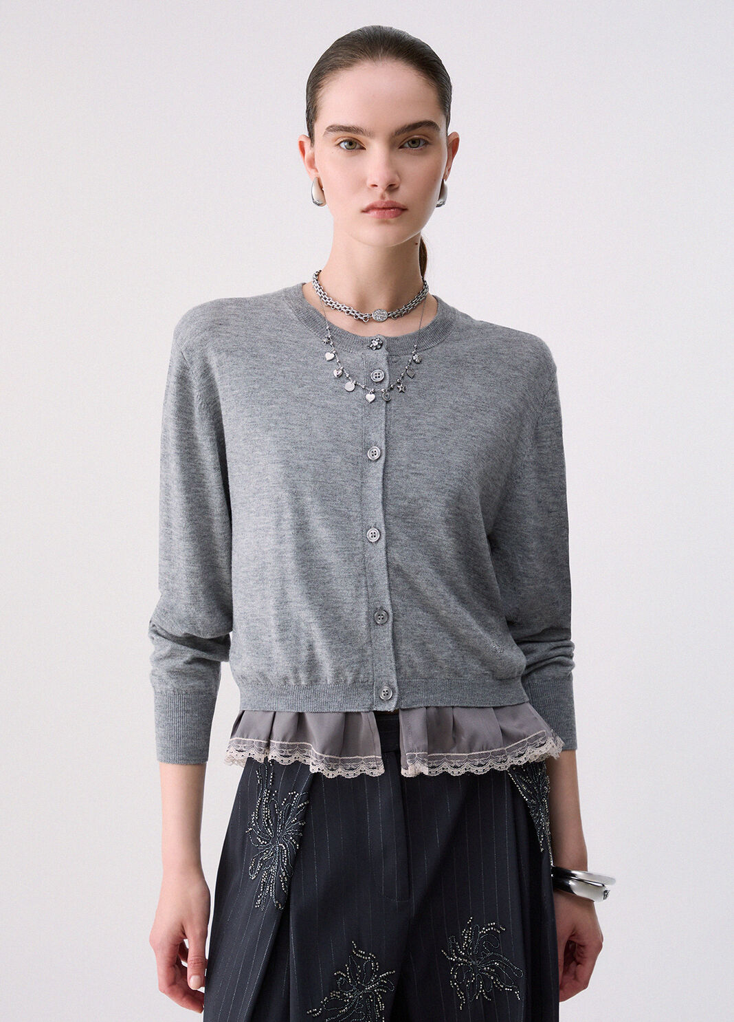 Wollcardigan mit Lingerie-Detail Grau meliert Liu Jo - large image number 0