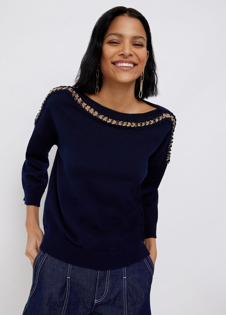 Eco-friendly sweater with jewel chain navy blue Liu Jo - large image number 0 Eco-friendly sweater with jewel chain navy blue Liu Jo - large image number 0