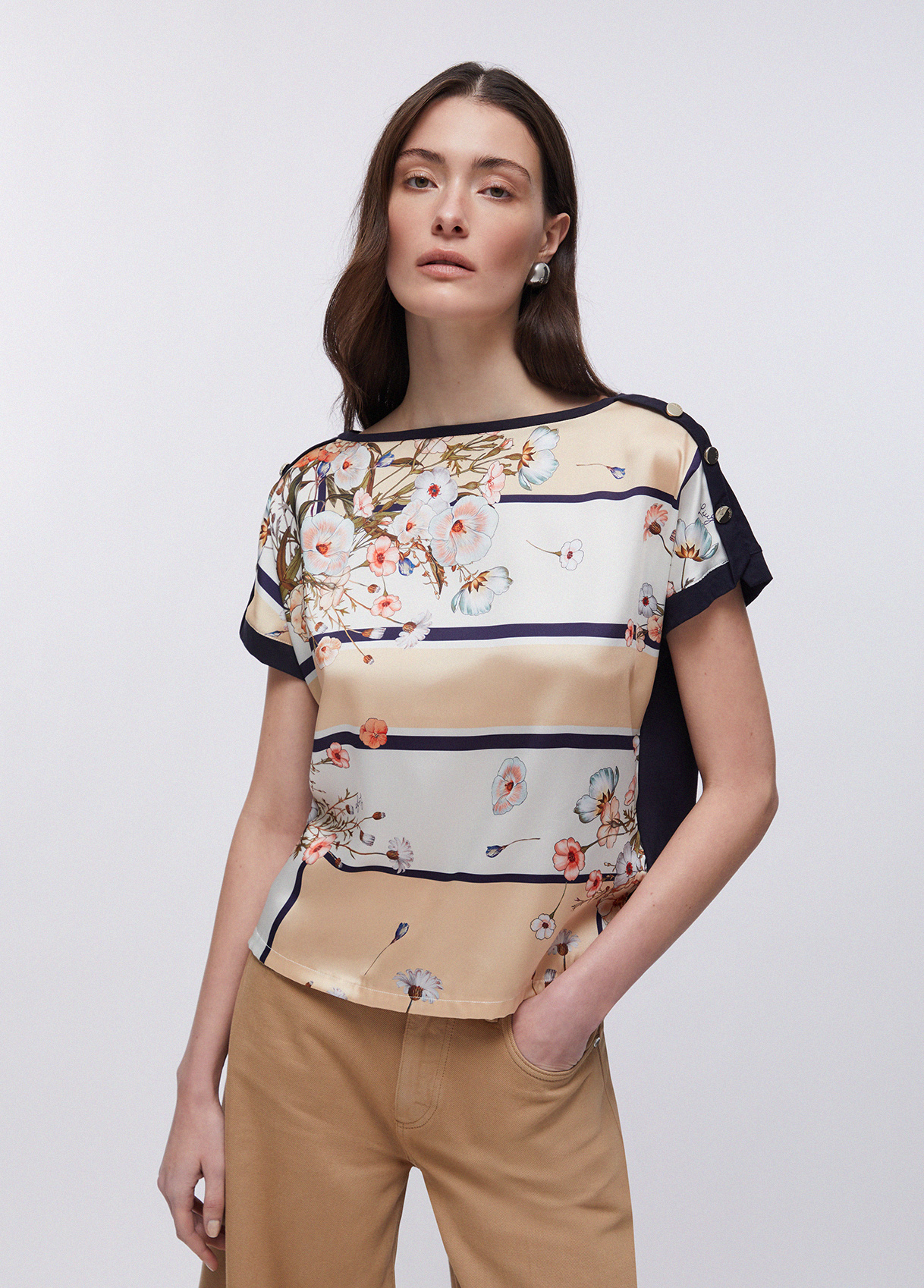 Liu Jo Donna Blu Scuro T-Shirt Con Inserto In Twill Stampato