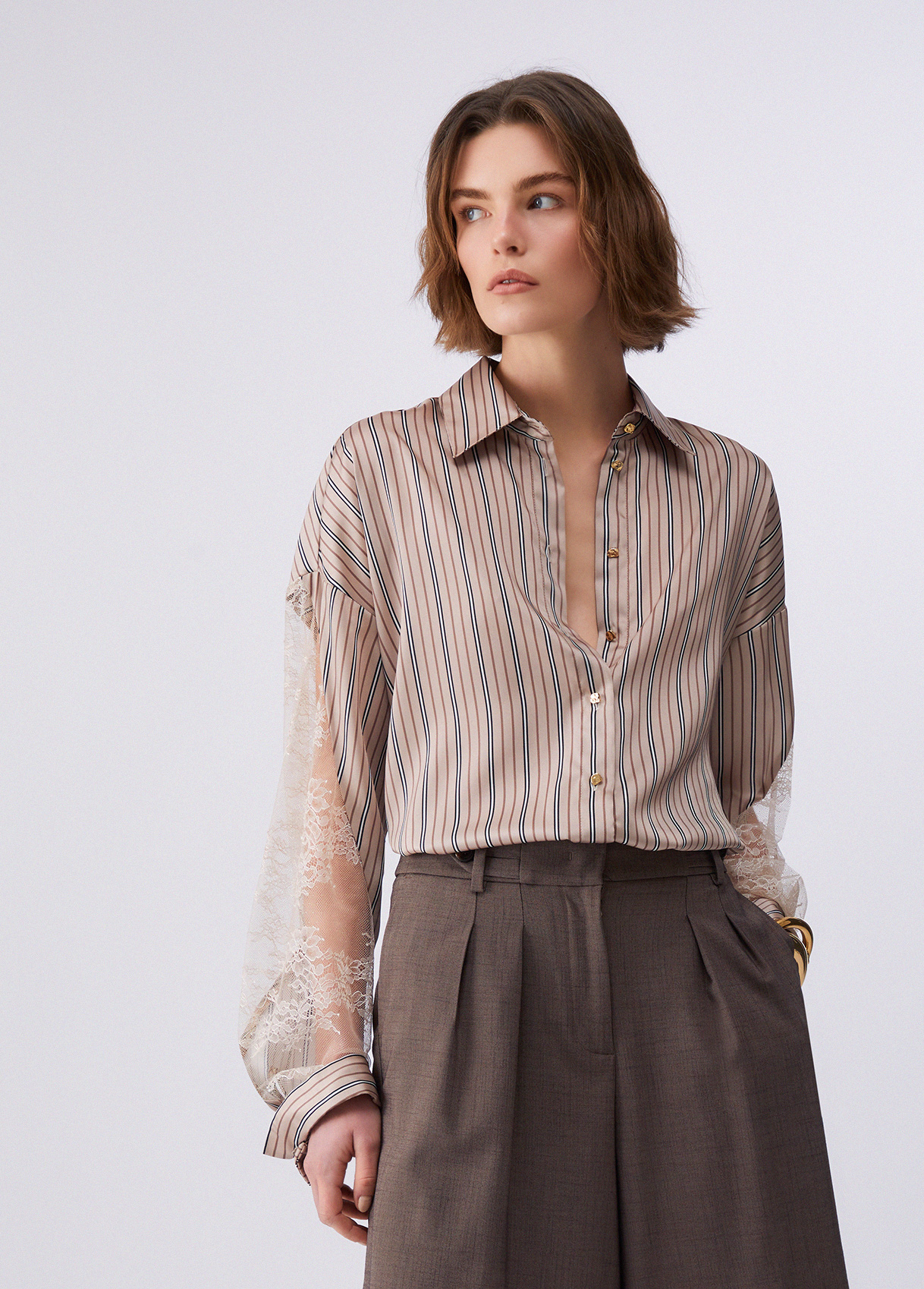 Liu Jo Donna Beige Camicia A Righe Con Dettagli In Pizzo