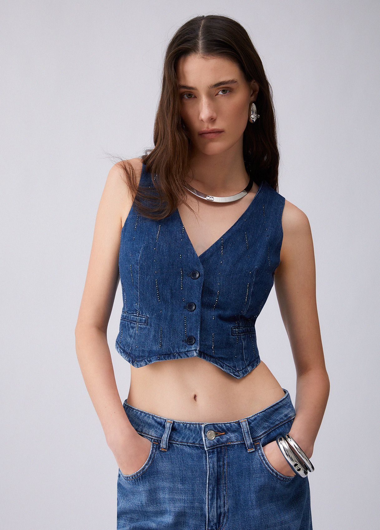 Liu Jo Denim Waistcoat With Rhinestones