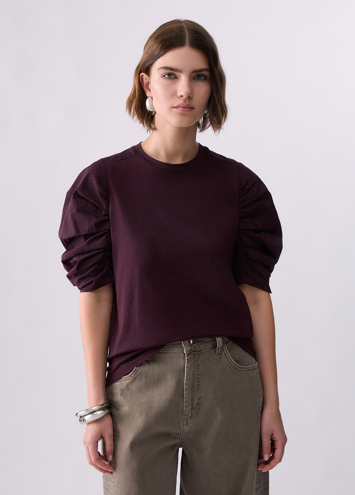Liu Jo Bi-material T-shirt With Puff Sleeves