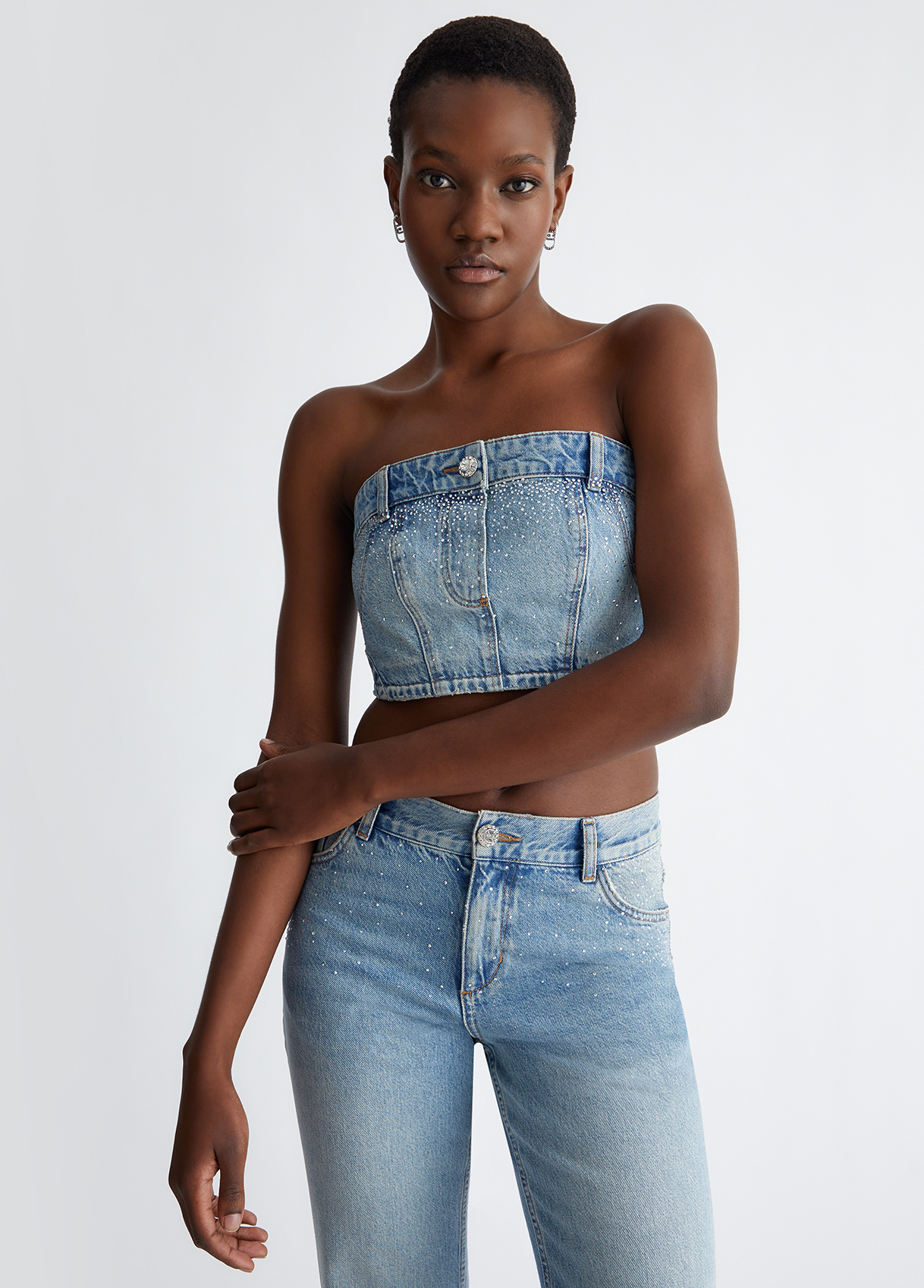 Top aus Denim mit Strass Farbe Denimblau | Liu Jo
