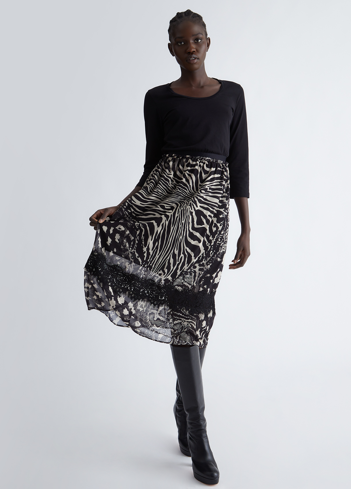 Liujo Robe Noire Avec Jupe Animalier