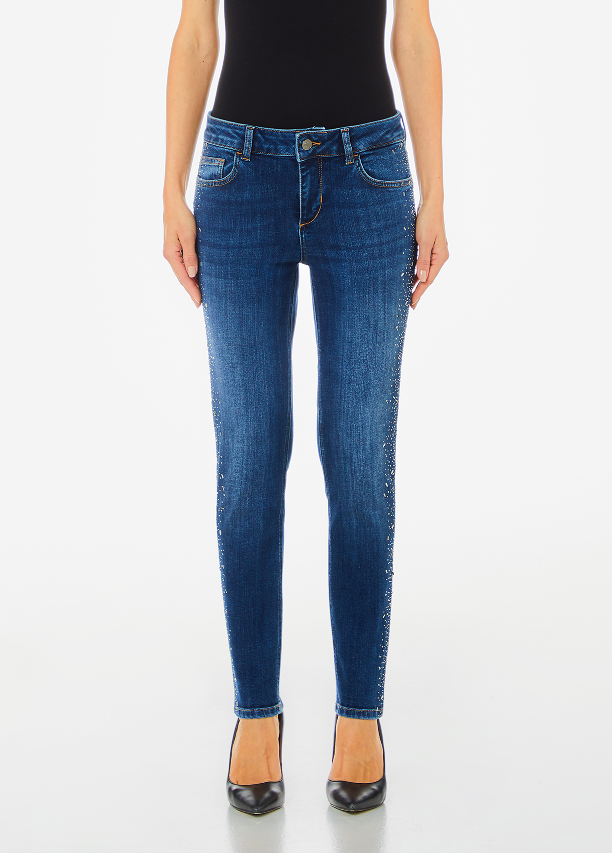 Jeans skinny bottom up con strass colore blu | Liu Jo