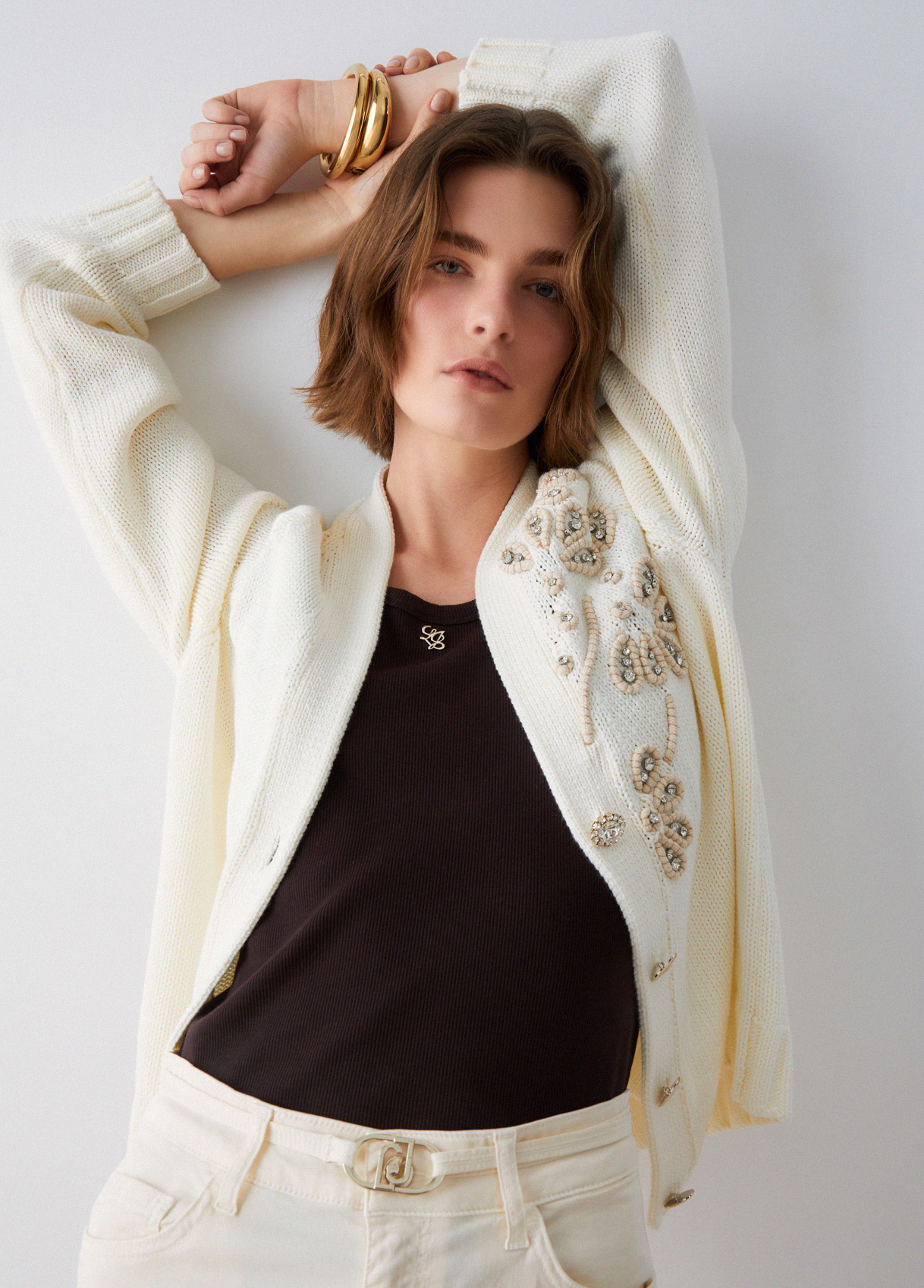 Cardigan with jewel embroidery colour white wool | Liu Jo