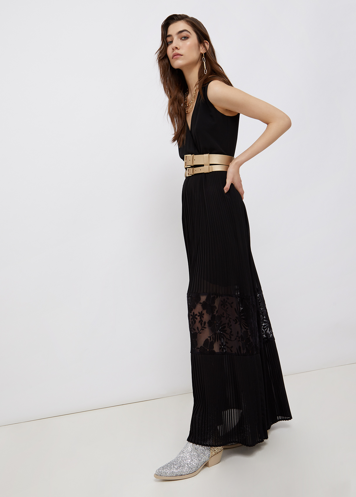 LIU JO 25SS ドレス-ロング ベージュ系 Made In Italy Long dress with embroidered tulle