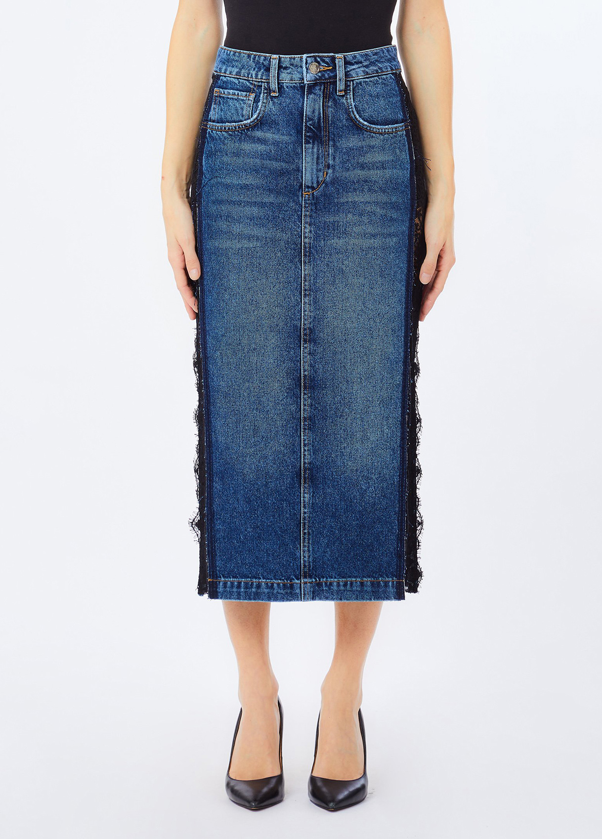 Liu Jo Jupe Midi En Denim Avec Dentelle