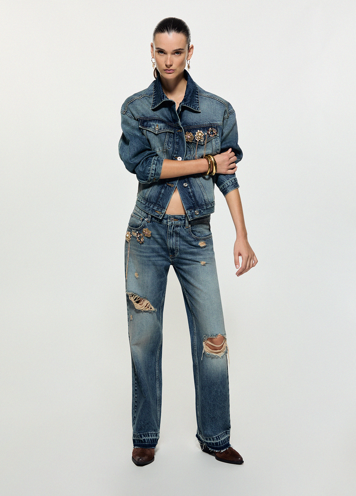 Jacket in denim with spille jewel colour dark blue denim | Liu Jo