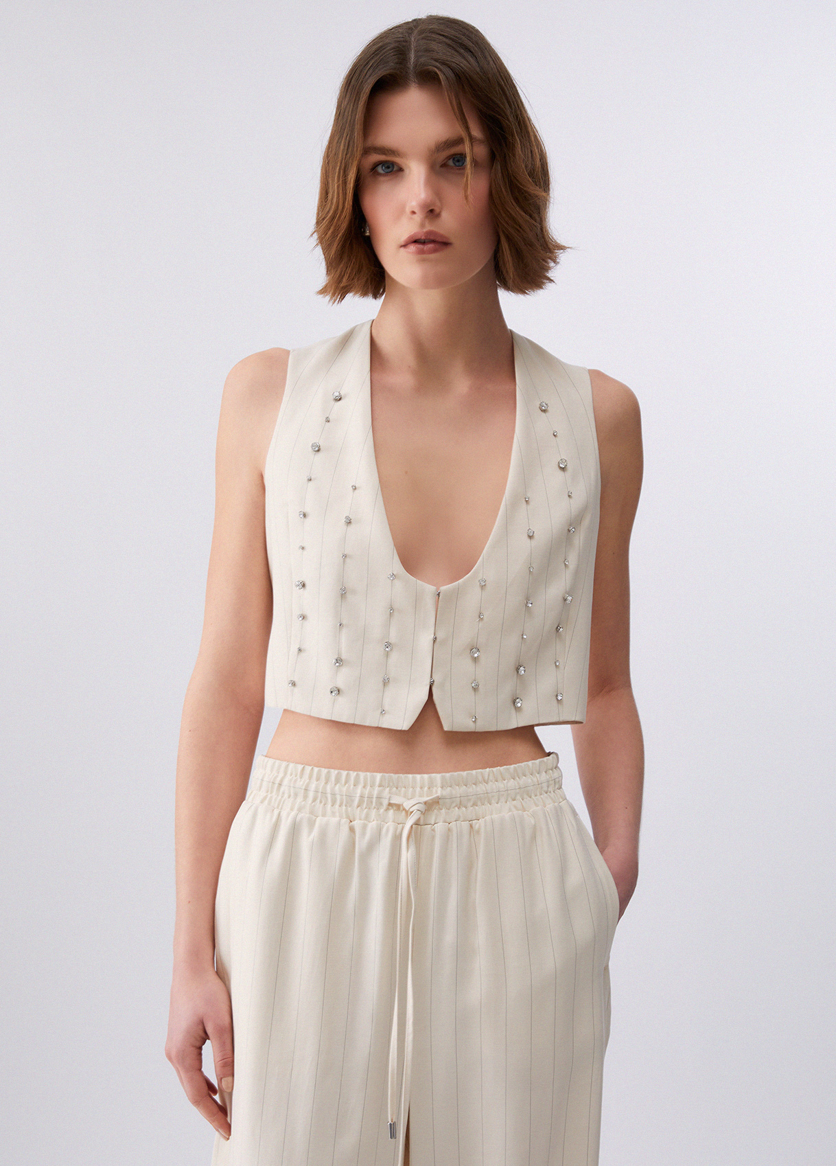 Liu Jo Pinstripe Vest With Bejewelled Embellishment