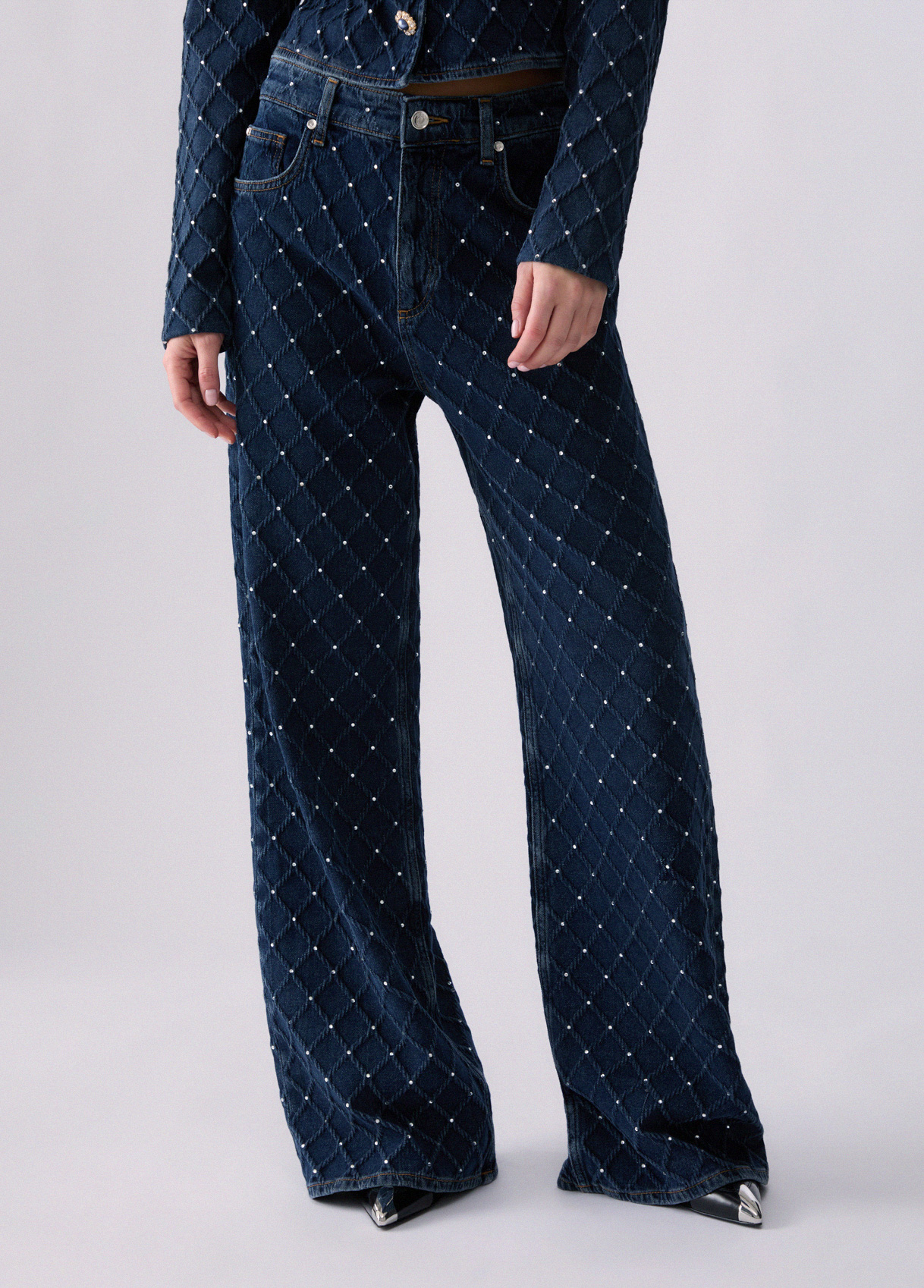 Liu Jo Straight Matelassé Jeans With Rhinestones