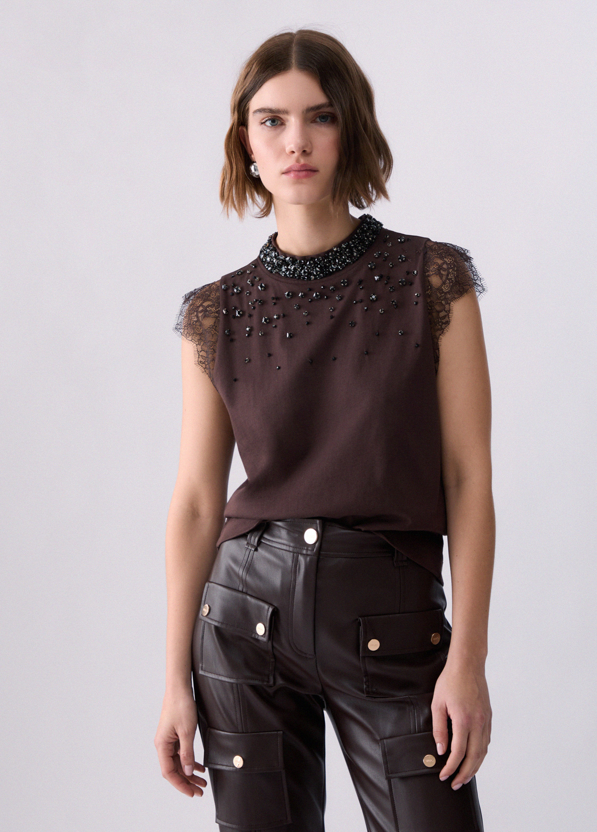 T-shirt with lace and rhinestones LIU JO ビジュー装飾 カシュクール 