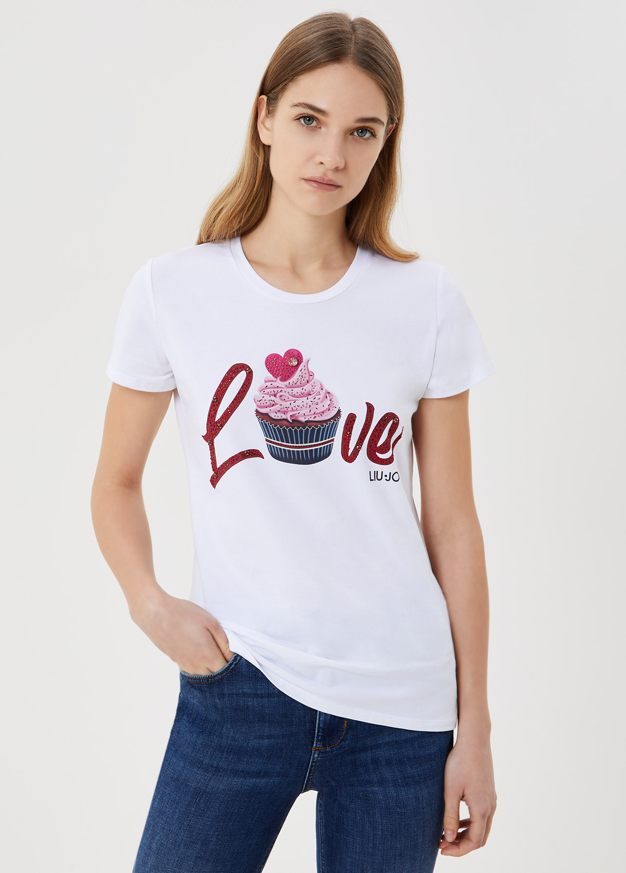 Tシャツ・カットソー LIU JO STRASS PRINTED T-SHIRT T-shirt with rhinestones colour black | Liu Jo
