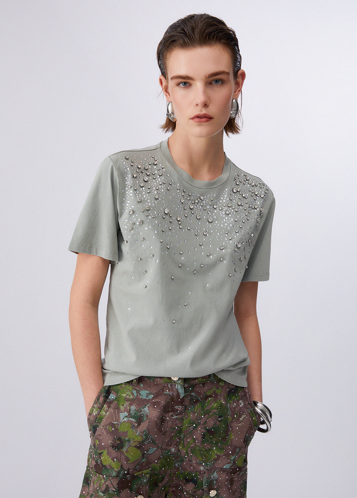Liu Jo Donna Verde T-Shirt Con Castoni Gioiello