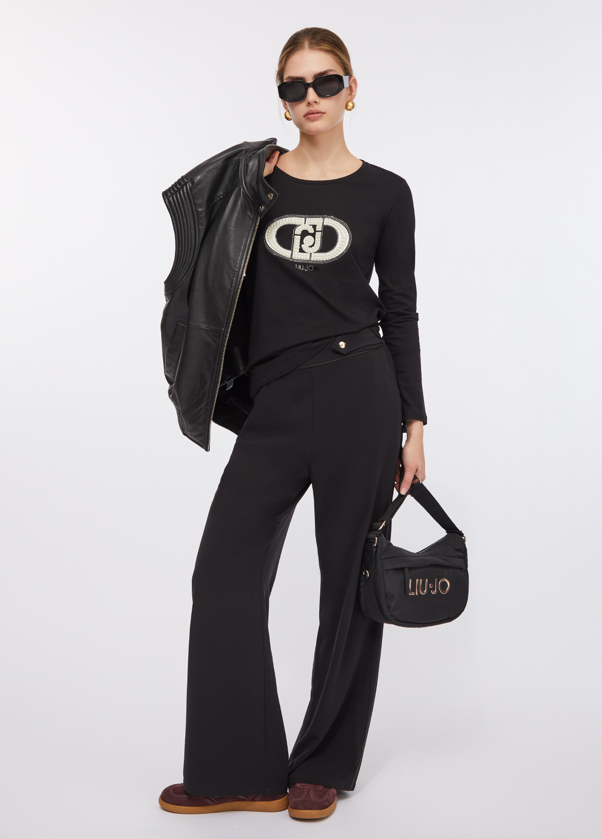 T-shirt Liu Jo Manches Longues En Coton - Blanc Avec Logo Perlé Et Clouté | Look Décontracté Et Féminin